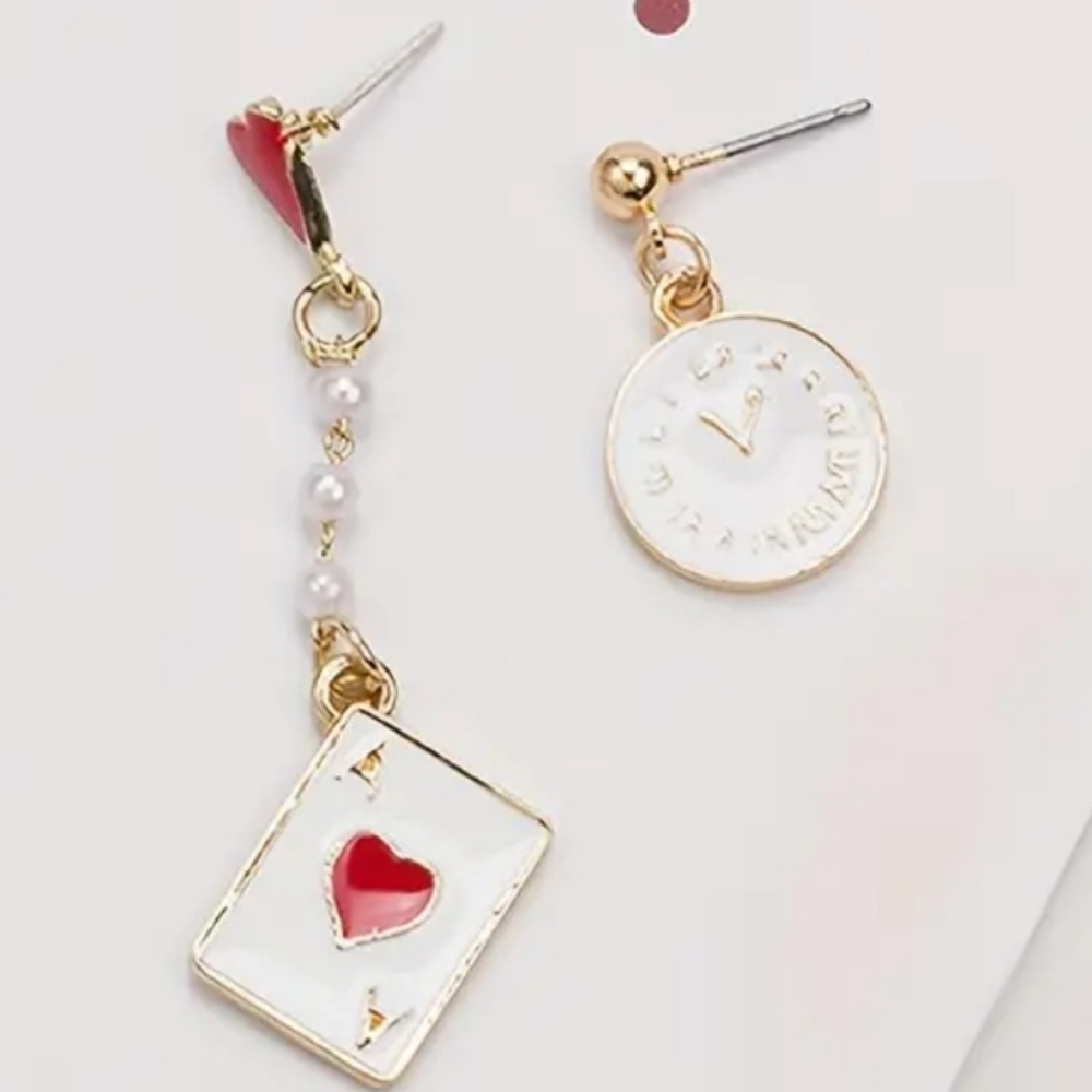 Ace of hearts asymmetrical fashion earrings gold tone.